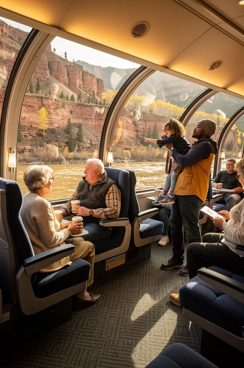 Passengers relaxing in a glass-domed observation car while enjoying panoramic views of the American landscape.